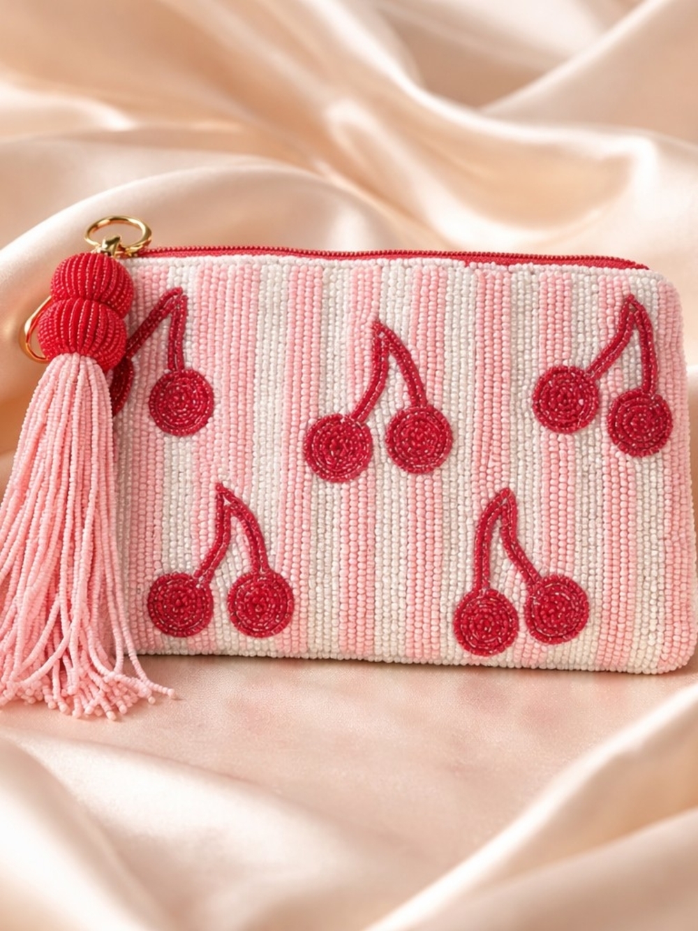 Pink Beaded Cherry Tassel Clutch